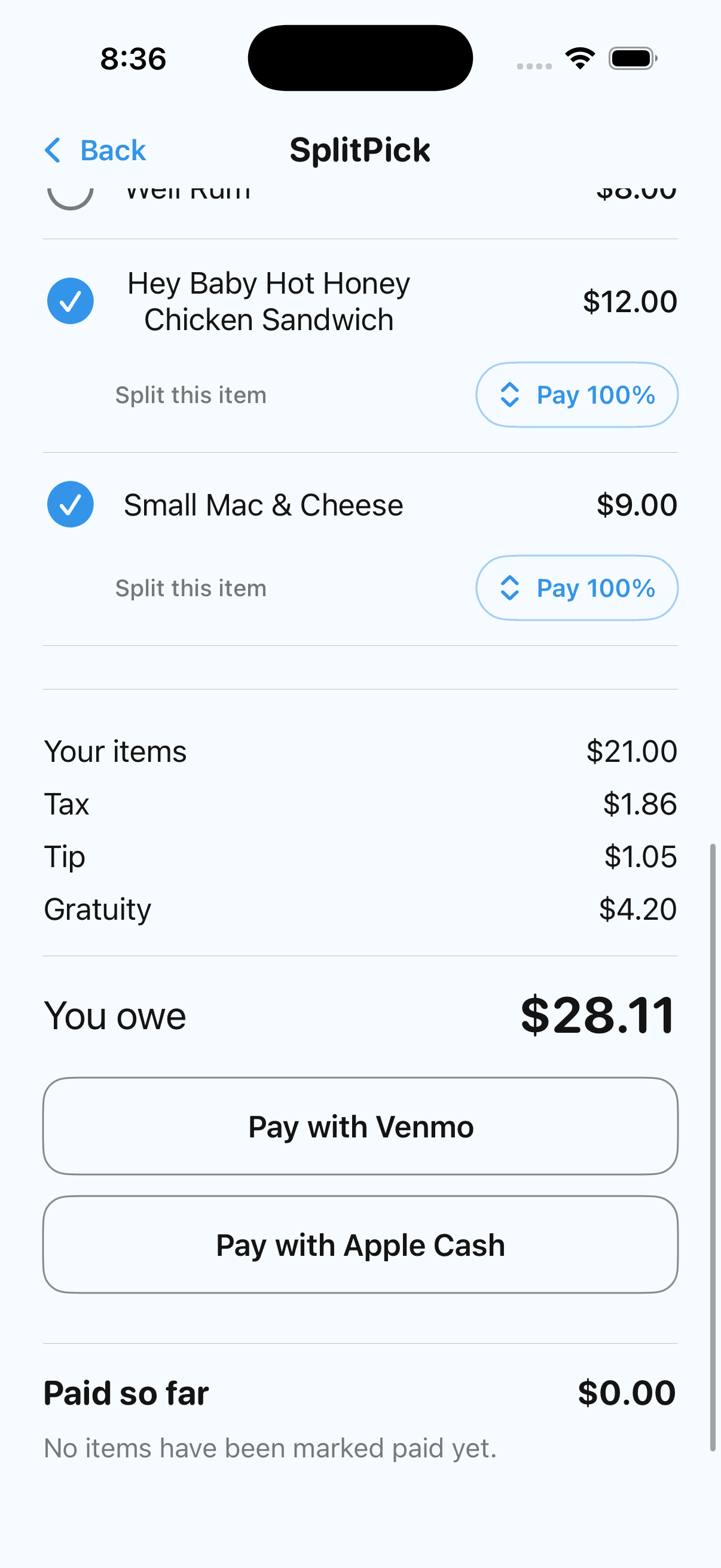 SplitPick — pick your items screen